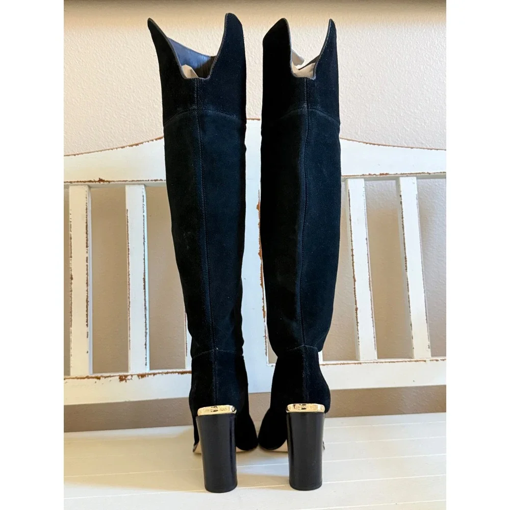Michael Kors Womens Black Suede Over The Knee Block Heel Boots Gold Logo‎ Size 8
